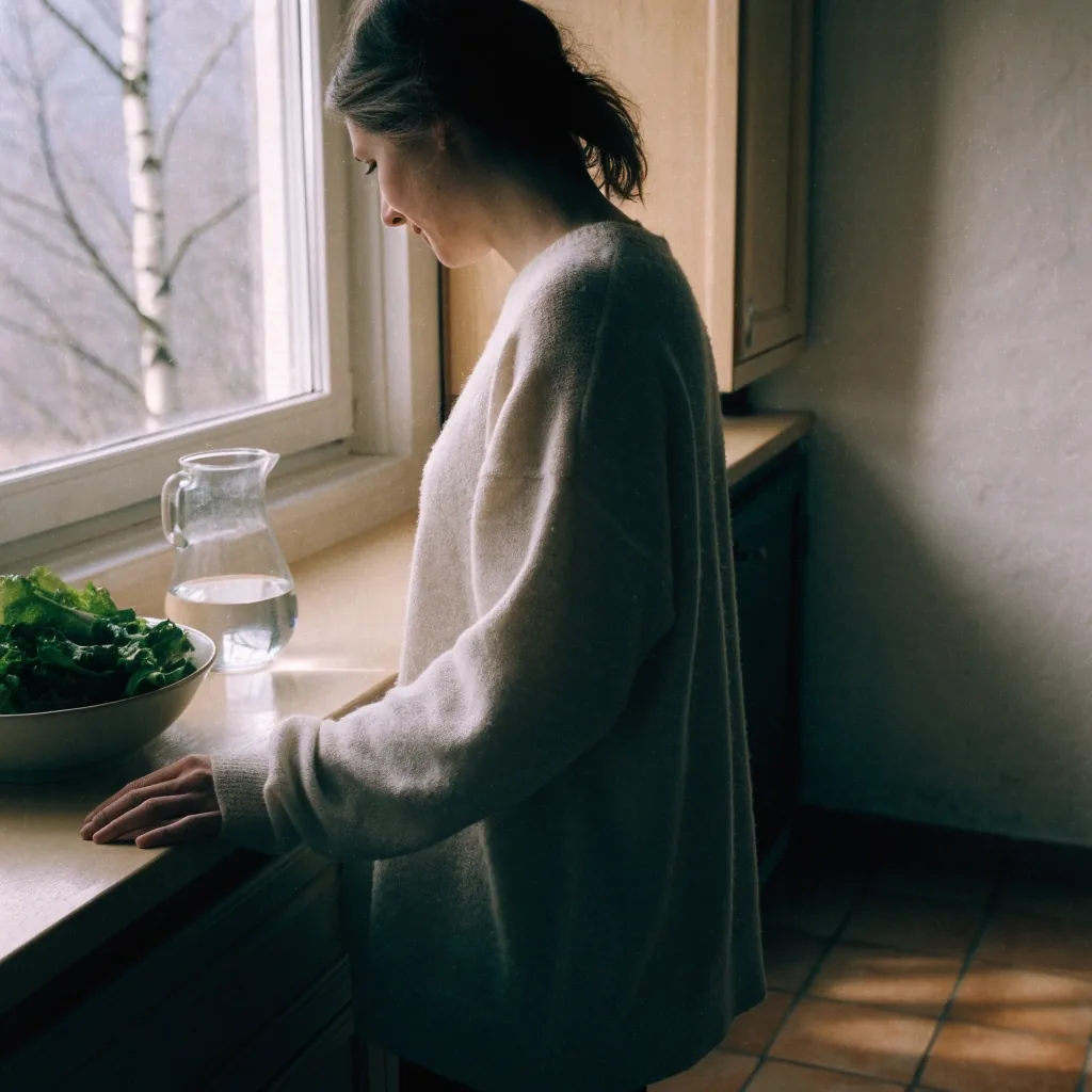 A quiet desk with note cards, a pencil and a mug of tea beside a window with bare birch branches