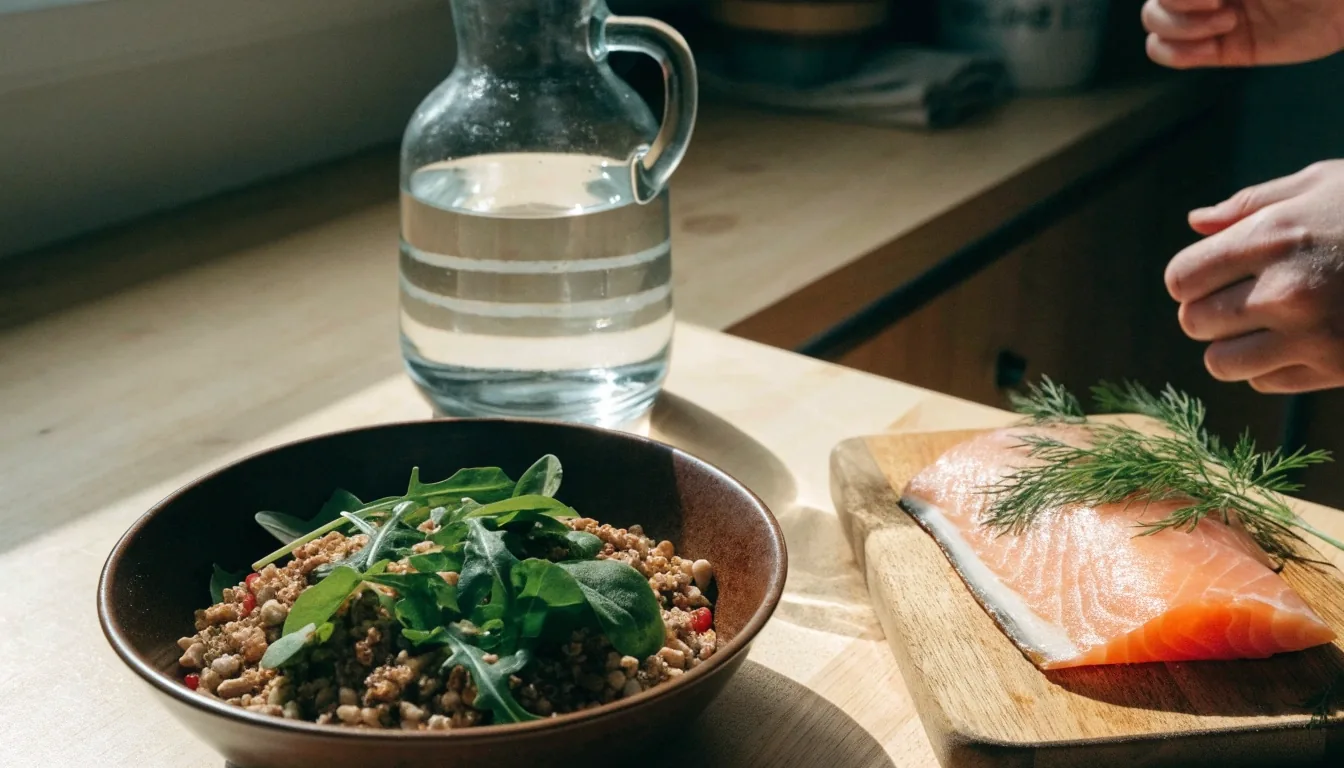 A Finnish kitchen counter with a grain salad, water jug and a board of cured fish at three in the afternoon