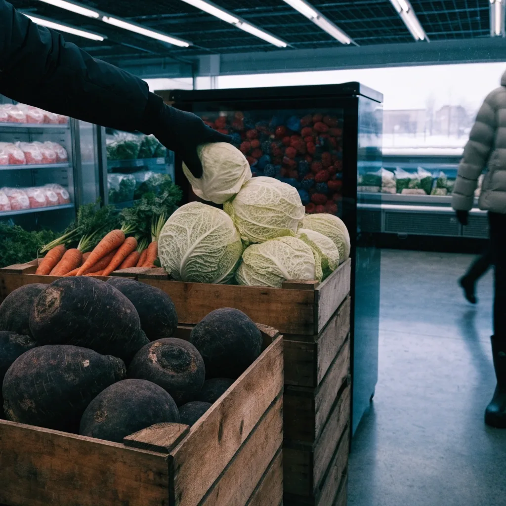 Winter produce crates of root vegetables and cabbage beside a freezer of frozen berries in a Finnish store