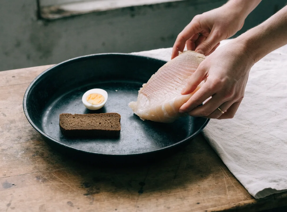 Hands lifting cured fish from an enamel tray beside dark rye bread