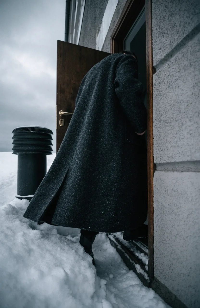 A person in a wool coat stepping outside into an overcast winter morning in Finland