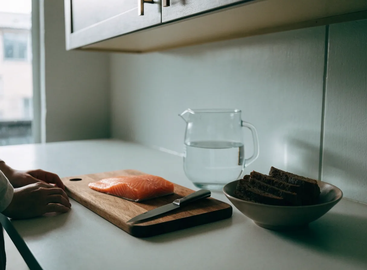 Hands lifting cured salmon from a board on a plain kitchen counter